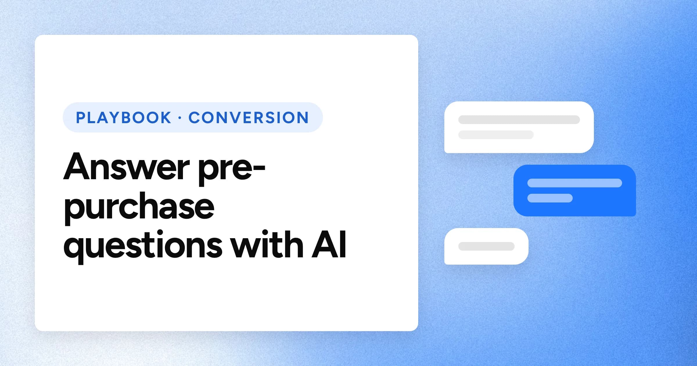 A "PLAYBOOK · CONVERSION" chip and the headline in large white type on a blue grain background, with chat bubbles motif on the right.