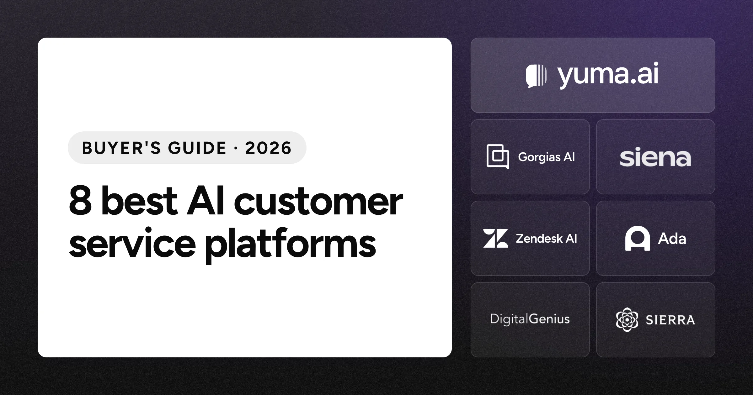 Yuma logo tile beside Gorgias AI, Siena AI, Zendesk AI, Ada, DigitalGenius and Sierra logo tiles on a black grain background.