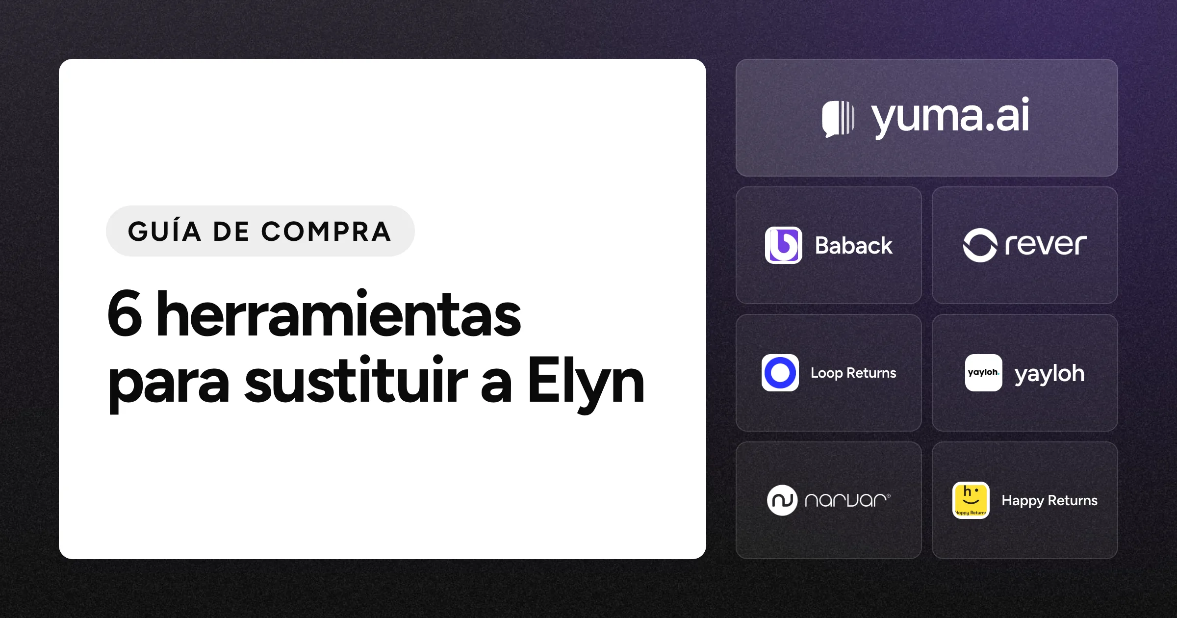 El logotipo de Yuma junto a los logotipos de Baback, Rever, Loop Returns, yayloh, Narvar y Happy Returns sobre un fondo negro con grano.