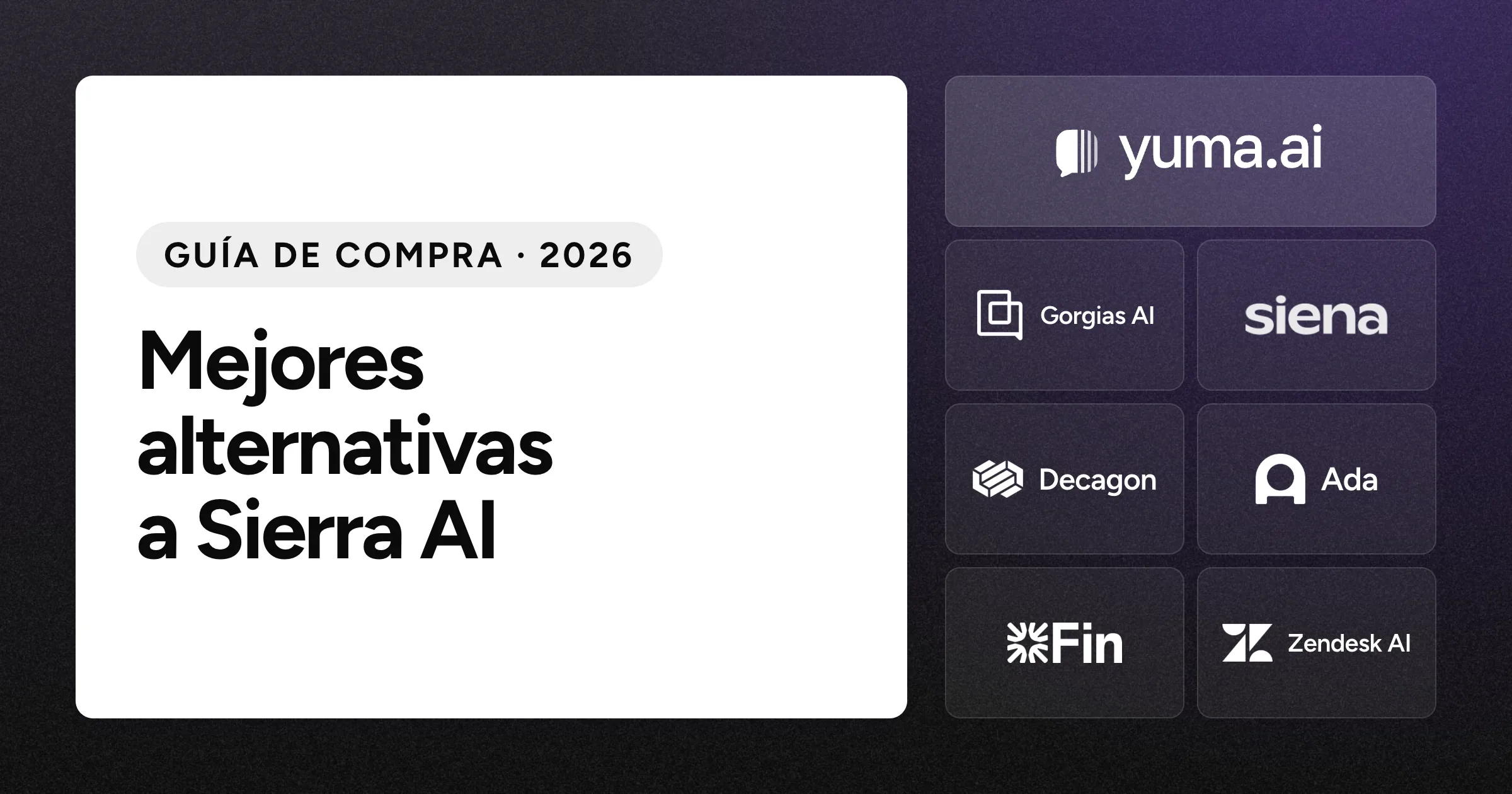 Logotipo de Yuma junto a los logotipos de Gorgias AI, Siena AI, Decagon, Ada, Fin y Zendesk AI sobre un fondo negro con grano.