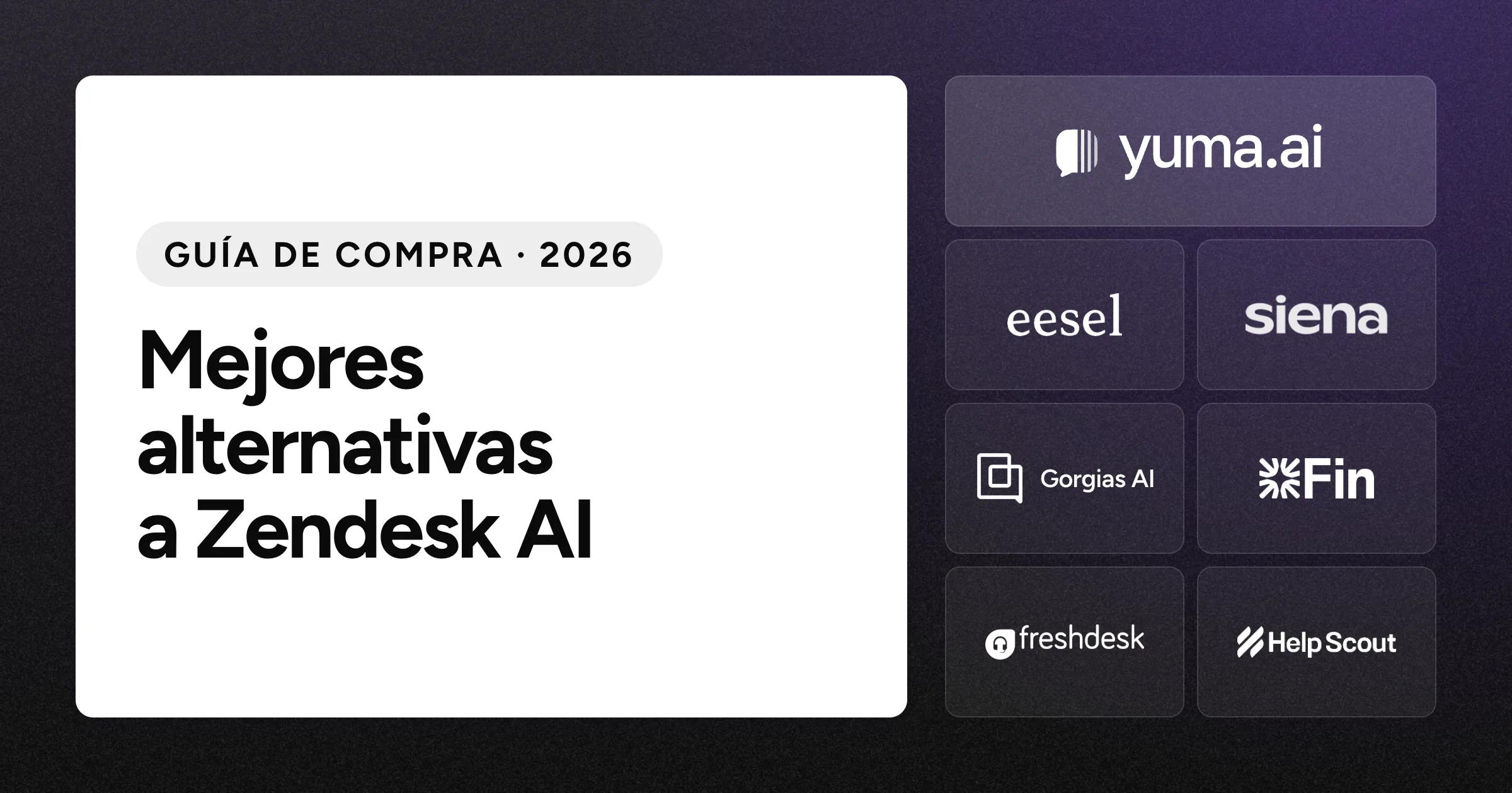 Logotipo de Yuma junto a los logotipos de eesel AI, Siena AI, Gorgias AI, Fin, Freshdesk y Help Scout sobre un fondo negro con grano.