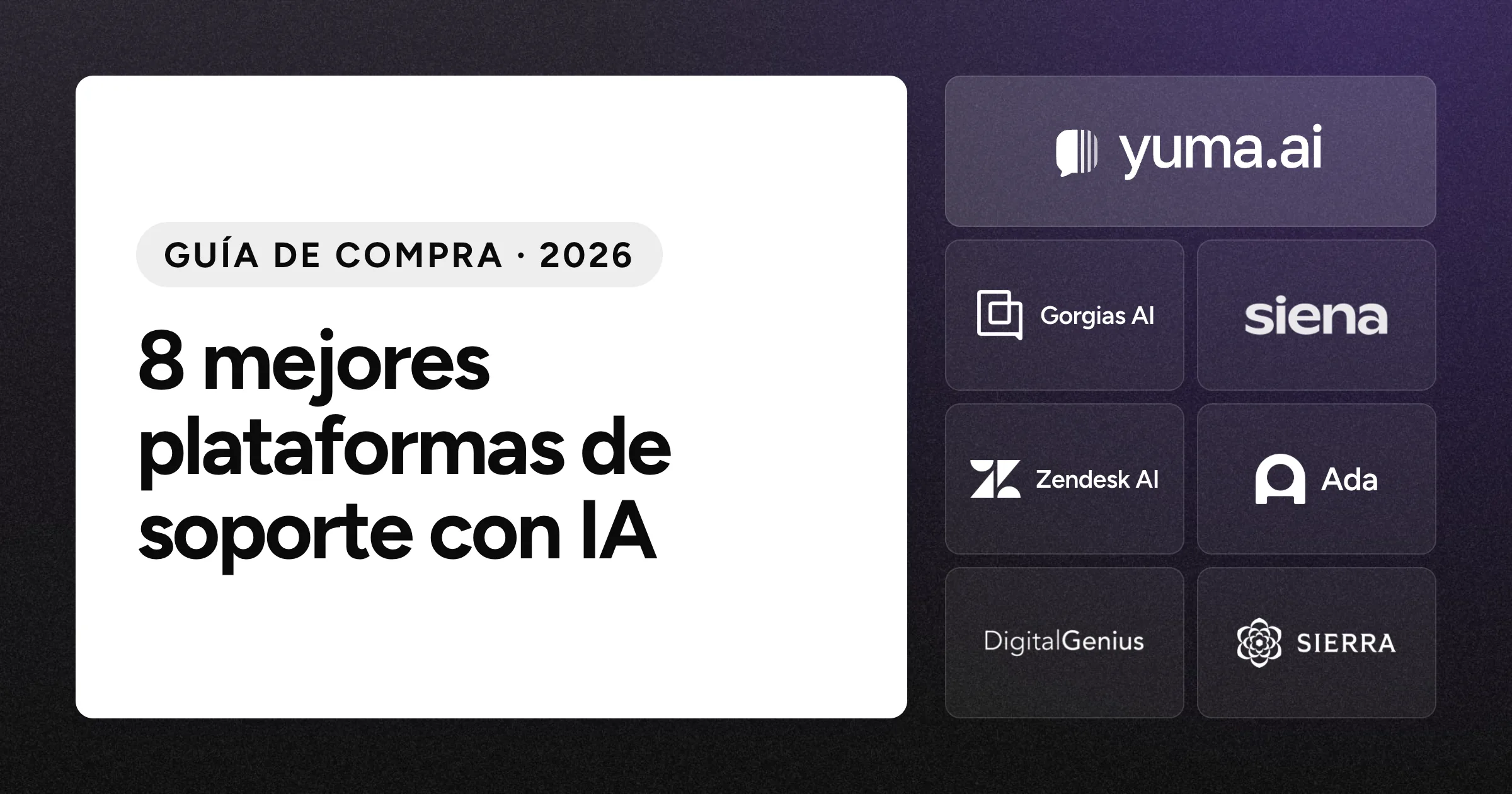 Logotipo de Yuma junto a los logotipos de Gorgias AI, Siena AI, Zendesk AI, Ada, DigitalGenius y Sierra sobre un fondo negro con grano.