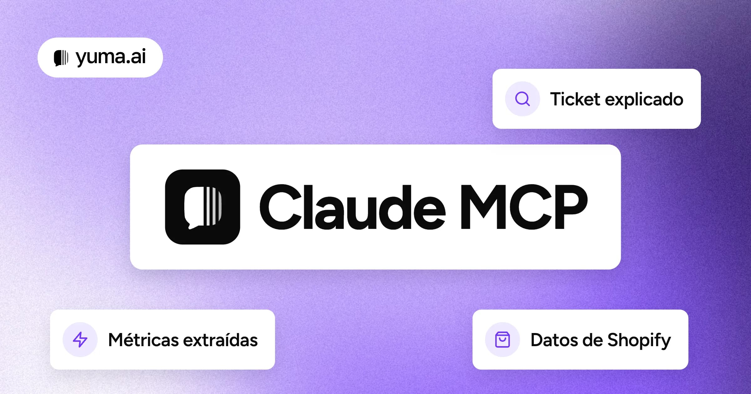Las palabras Claude MCP en el centro de una placa morada con grano, rodeadas de pequeñas tarjetas flotantes con los textos «Métricas extraídas», «Ticket explicado» y «Datos de Shopify».