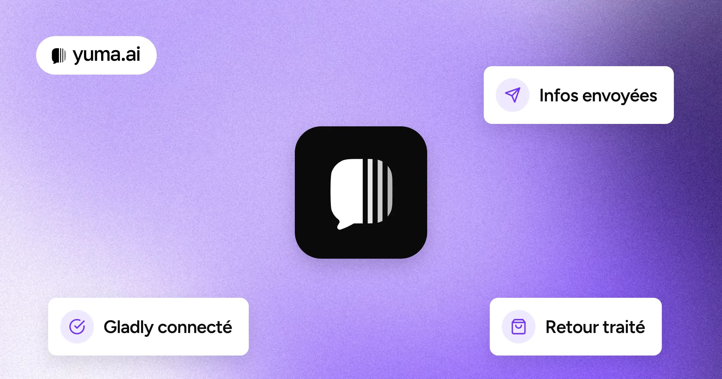 La tuile du logo Yuma au centre d'un fond violet granuleux, entourée de petites cartes flottantes : « Gladly connecté », « Mise à jour envoyée » et « Retour traité ».