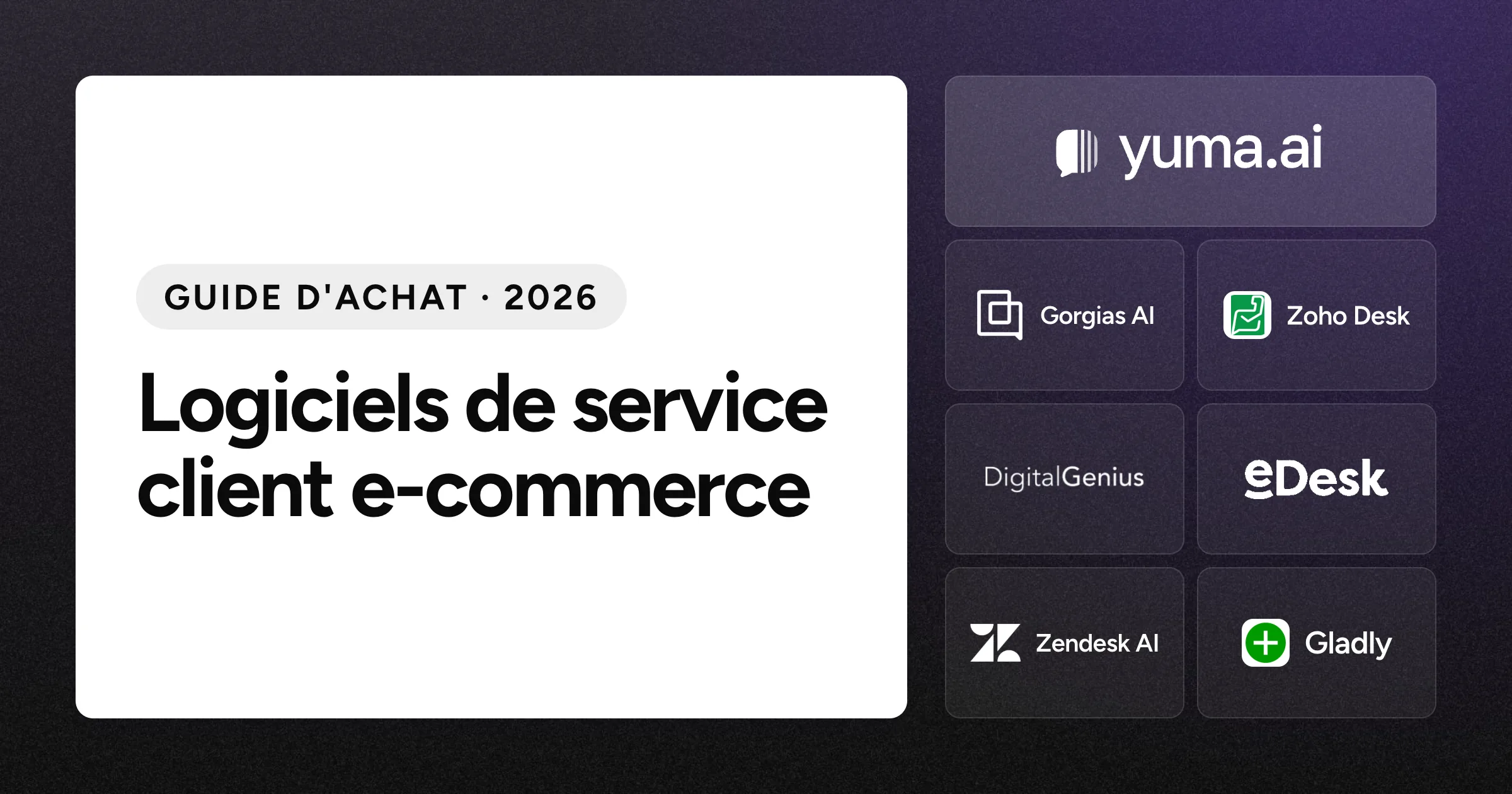 La tuile du logo Yuma à côté des tuiles des logos Gorgias AI, Zoho Desk, DigitalGenius, eDesk, Zendesk AI et Gladly sur un fond noir granuleux.