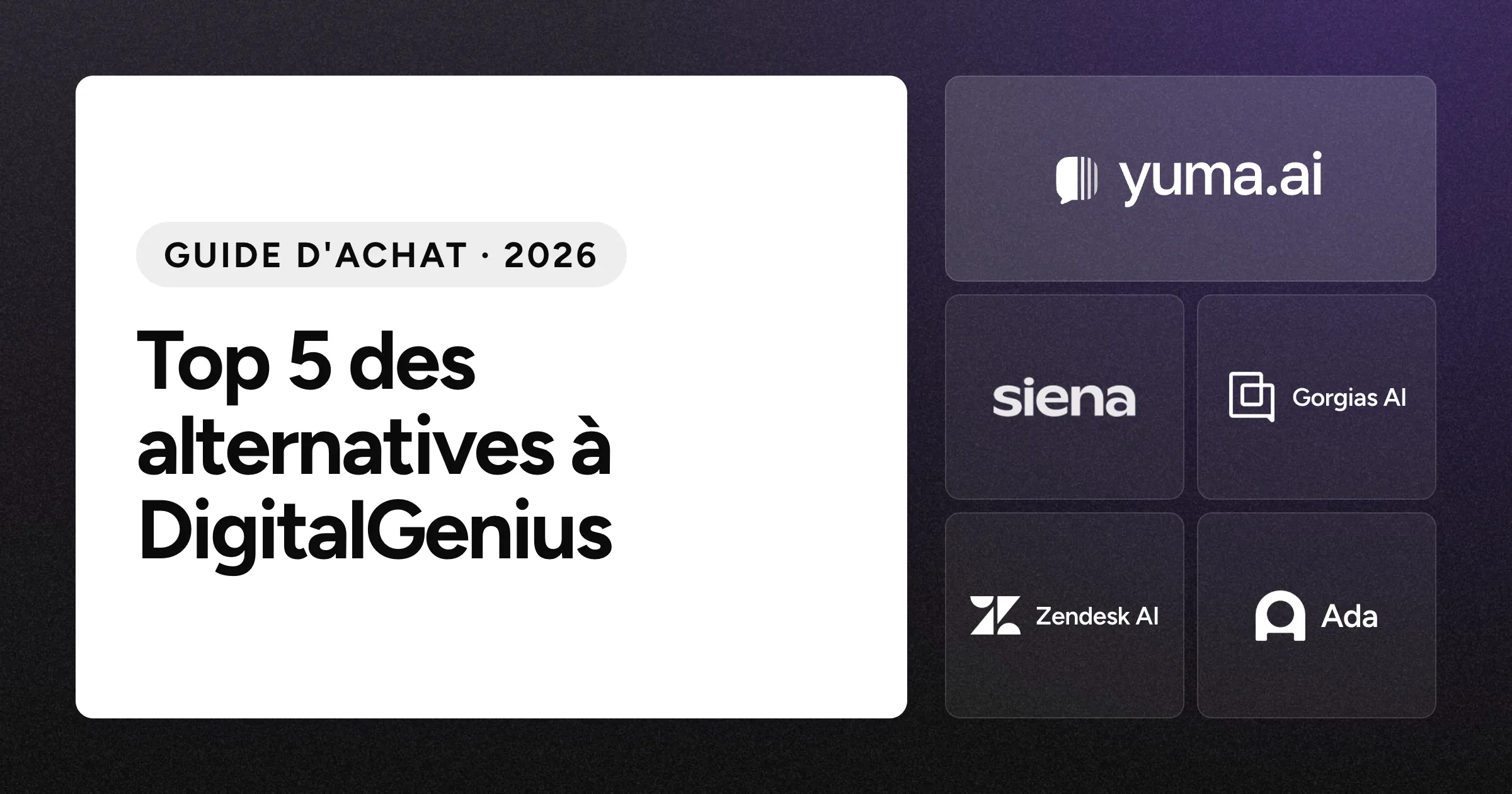 La tuile du logo Yuma à côté des tuiles des logos Siena AI, Gorgias AI, Zendesk AI et Ada sur un fond noir granuleux.