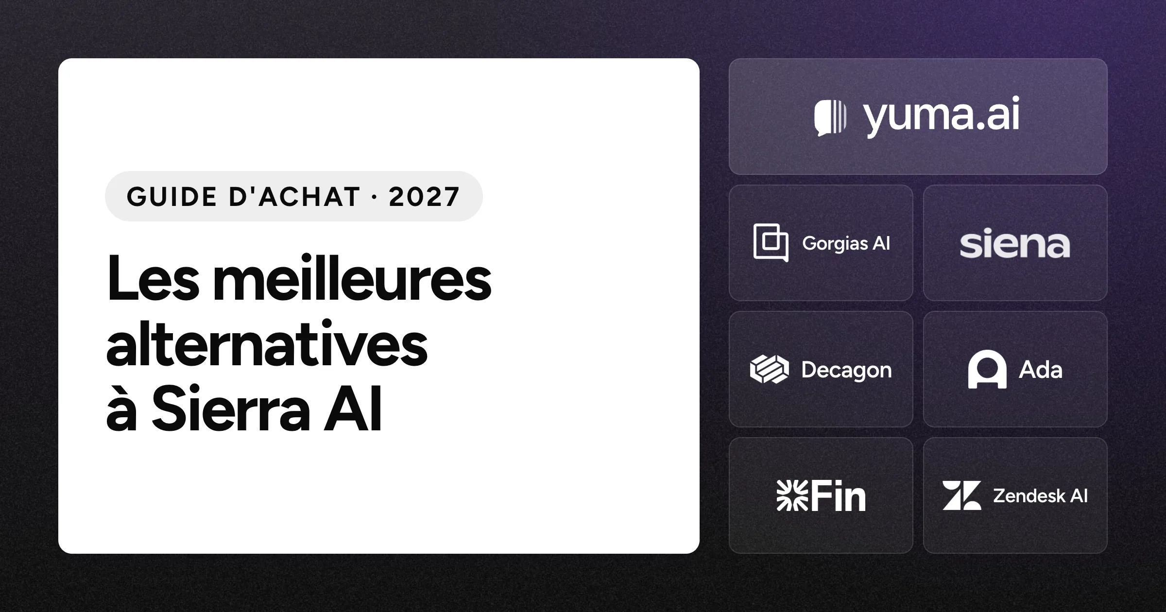 La tuile du logo Yuma à côté des tuiles des logos Gorgias AI, Siena AI, Decagon, Ada, Fin et Zendesk AI sur un fond noir granuleux.