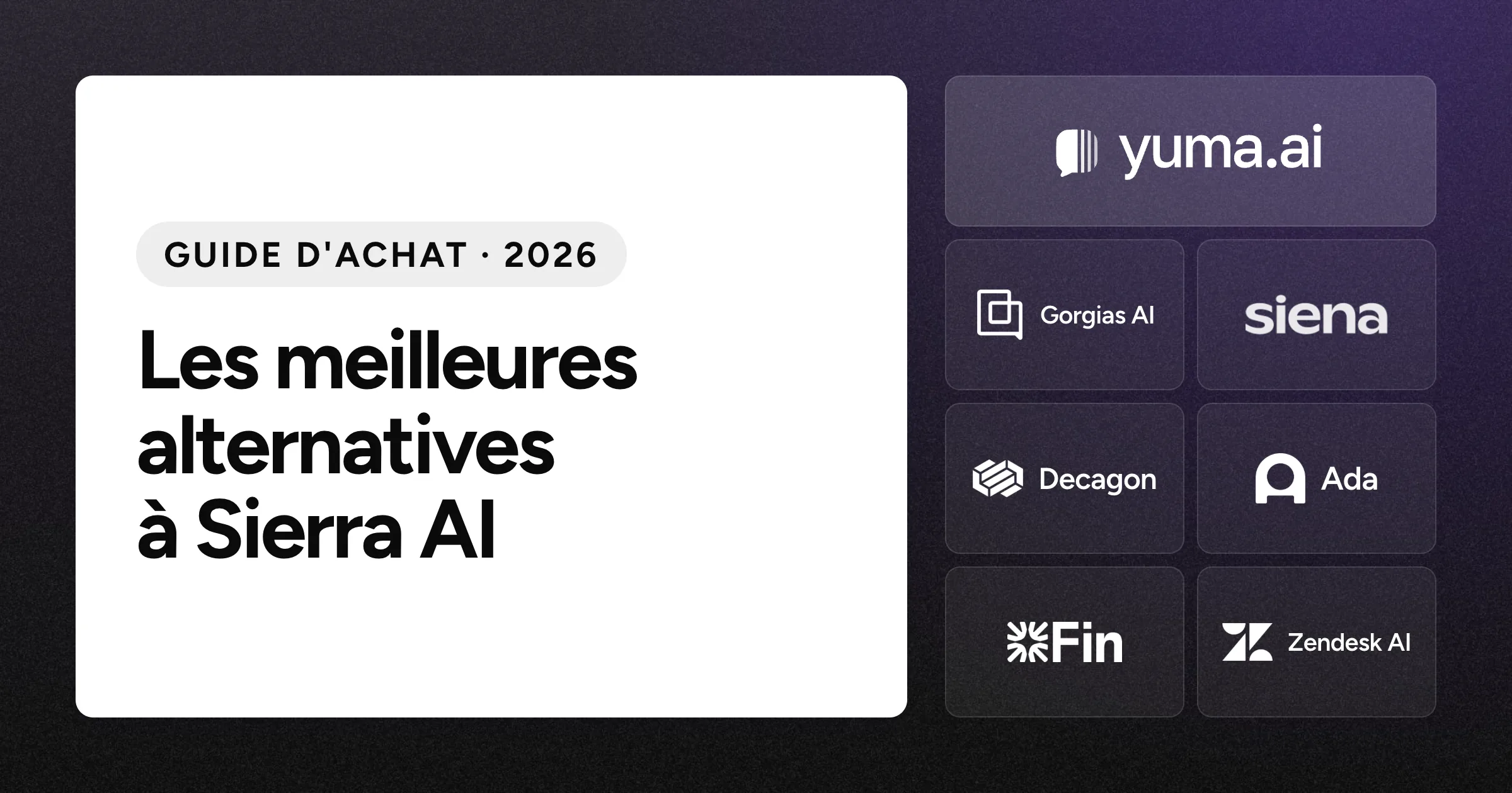 La tuile du logo Yuma à côté des tuiles des logos Gorgias AI, Siena AI, Decagon, Ada, Fin et Zendesk AI sur un fond noir granuleux.