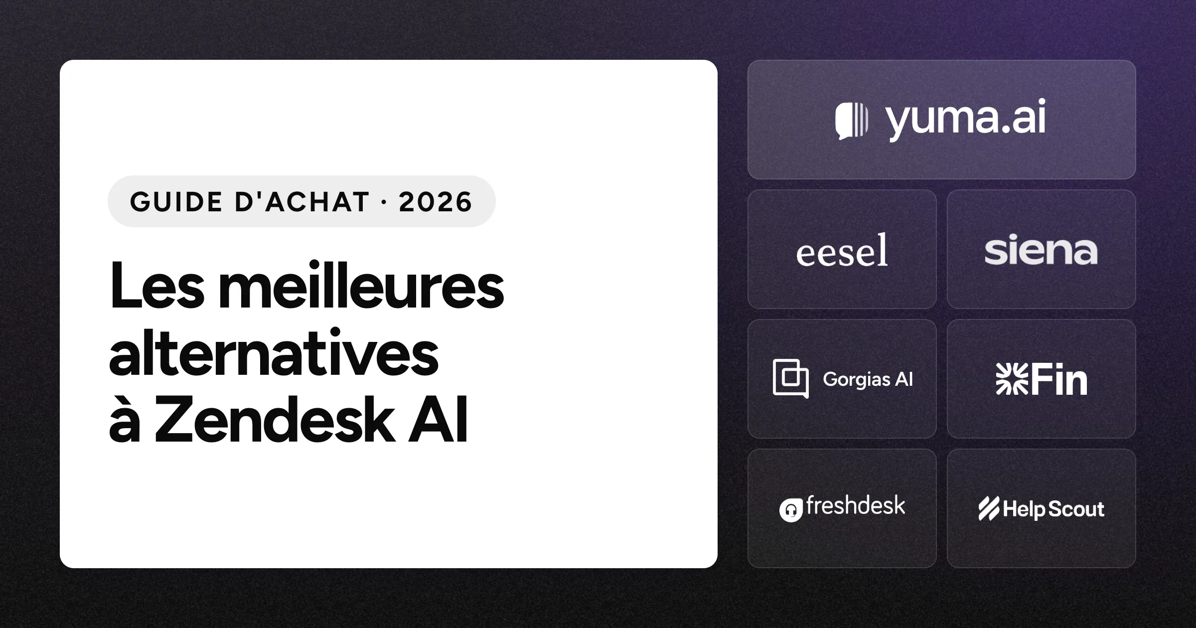 La tuile du logo Yuma à côté des tuiles des logos eesel AI, Siena AI, Gorgias AI, Fin, Freshdesk et Help Scout sur un fond noir granuleux.