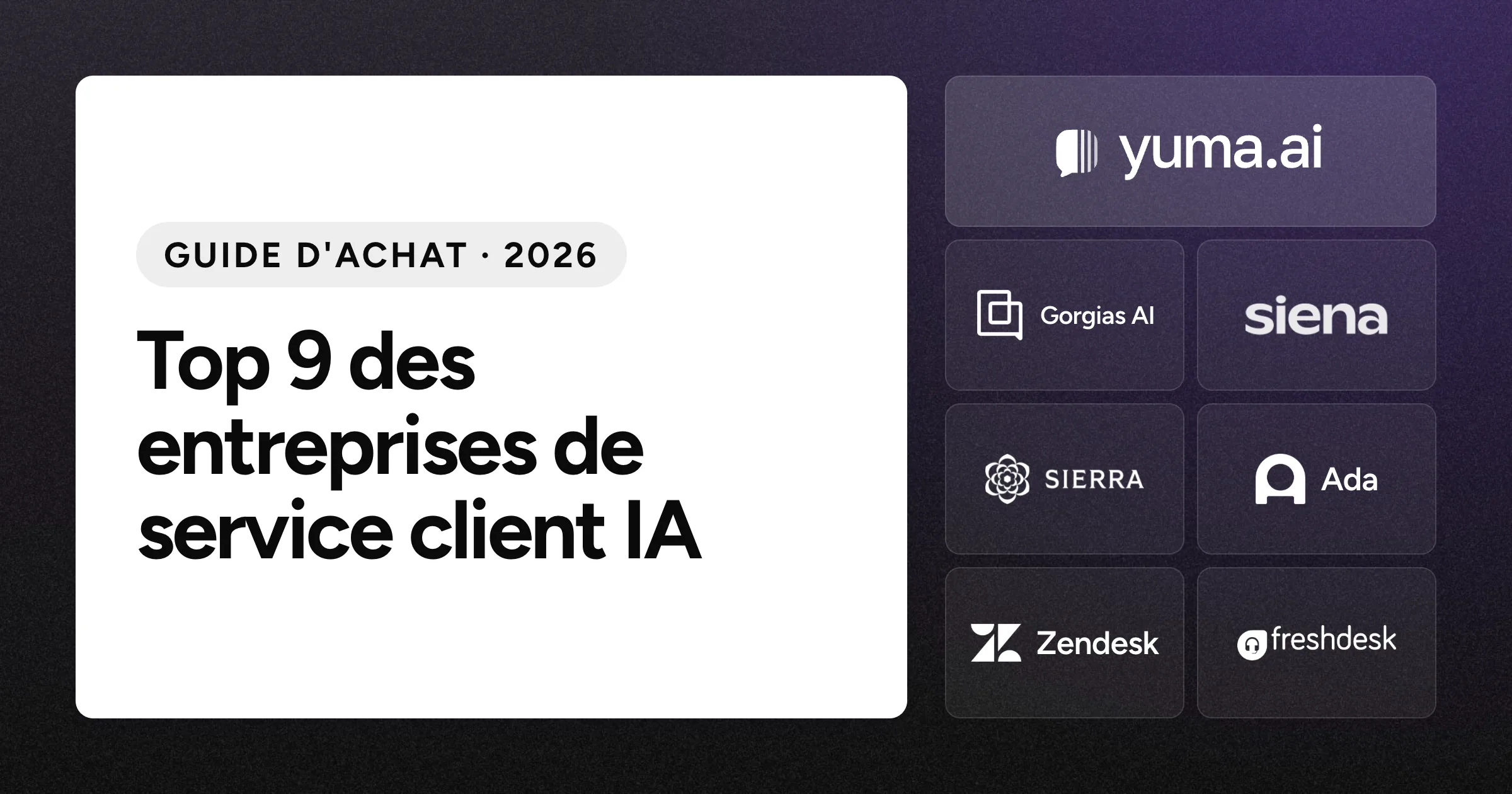 La tuile du logo Yuma à côté des tuiles des logos Gorgias AI, Siena AI, Sierra, Ada, Zendesk et Freshdesk sur un fond noir granuleux.