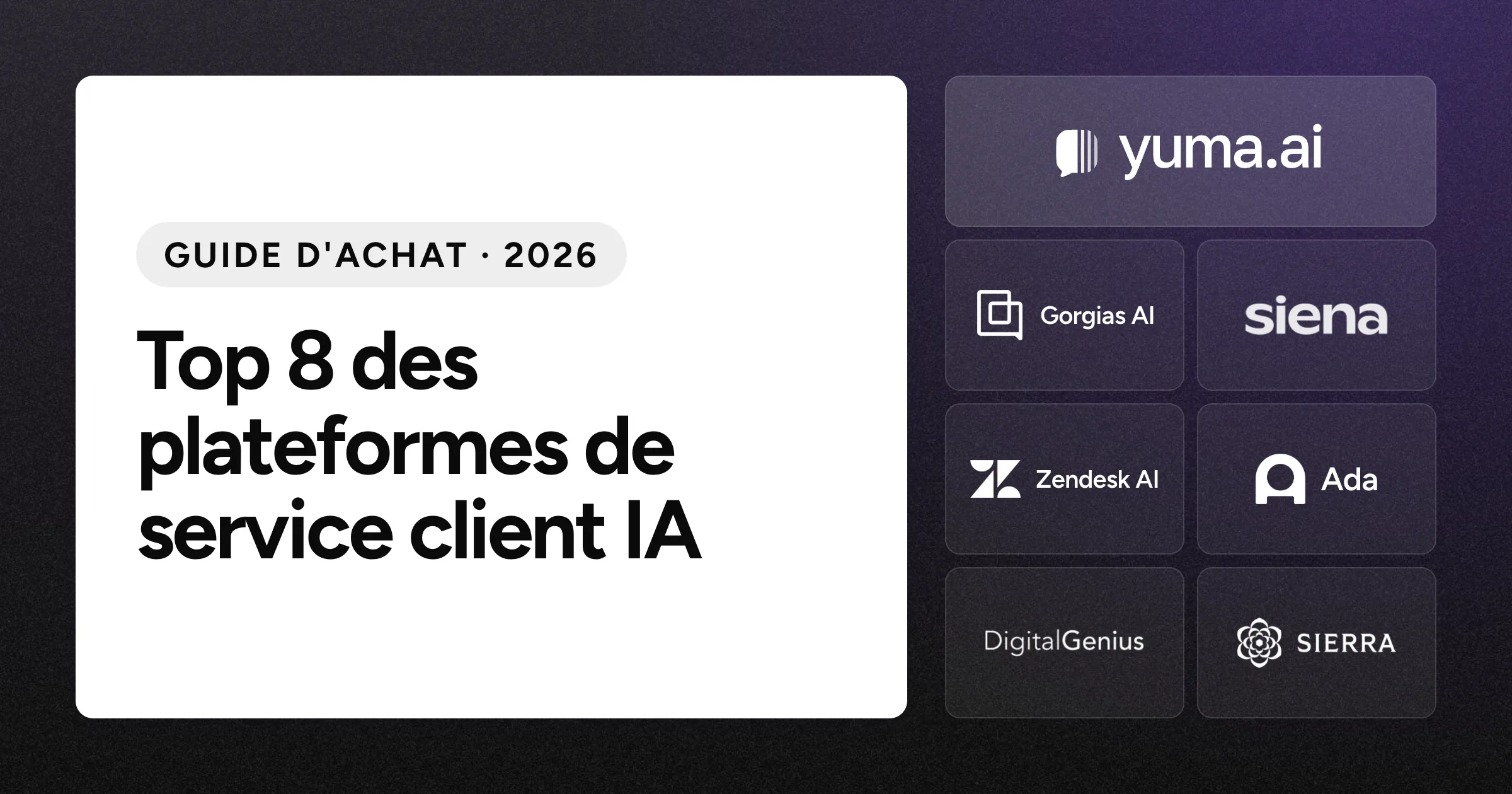 La tuile du logo Yuma à côté des tuiles des logos Gorgias AI, Siena AI, Zendesk AI, Ada, DigitalGenius et Sierra sur un fond noir granuleux.