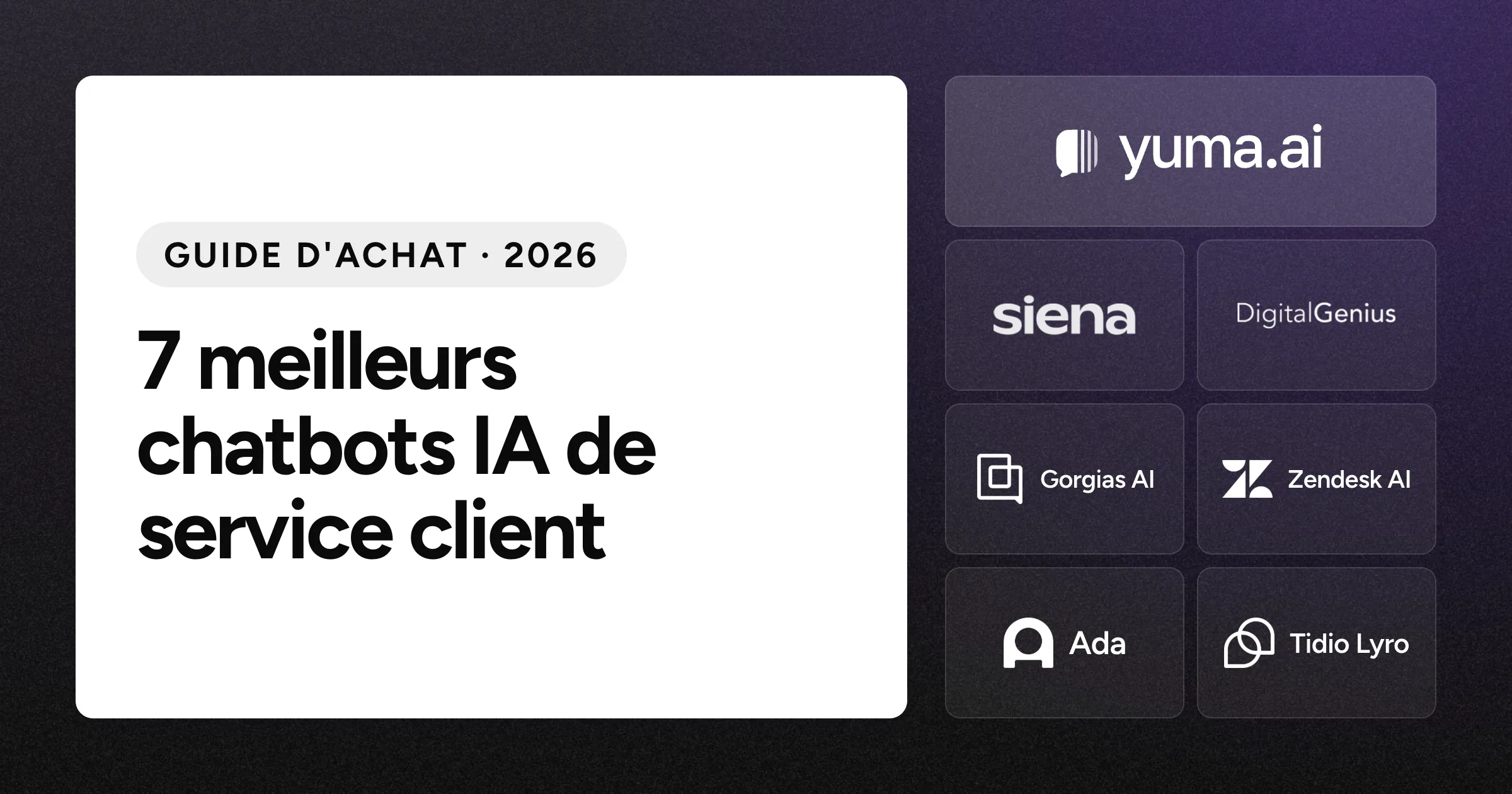 La tuile du logo Yuma à côté des tuiles des logos Siena AI, DigitalGenius, Gorgias AI, Zendesk AI, Ada et Tidio Lyro sur un fond noir granuleux.