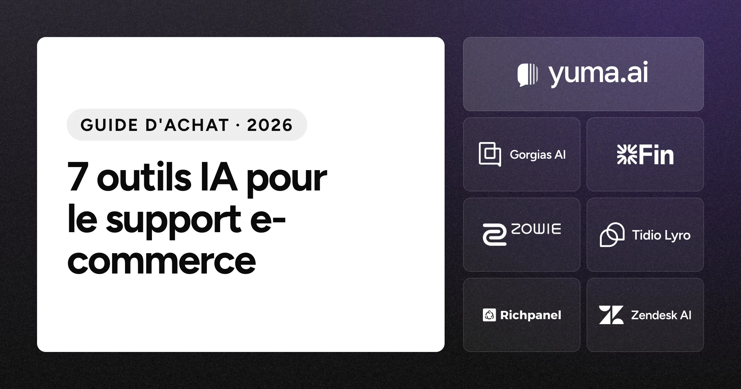 La tuile du logo Yuma à côté des tuiles des logos Gorgias AI, Intercom Fin, Zowie, Tidio Lyro, Richpanel et Zendesk AI sur un fond noir granuleux.
