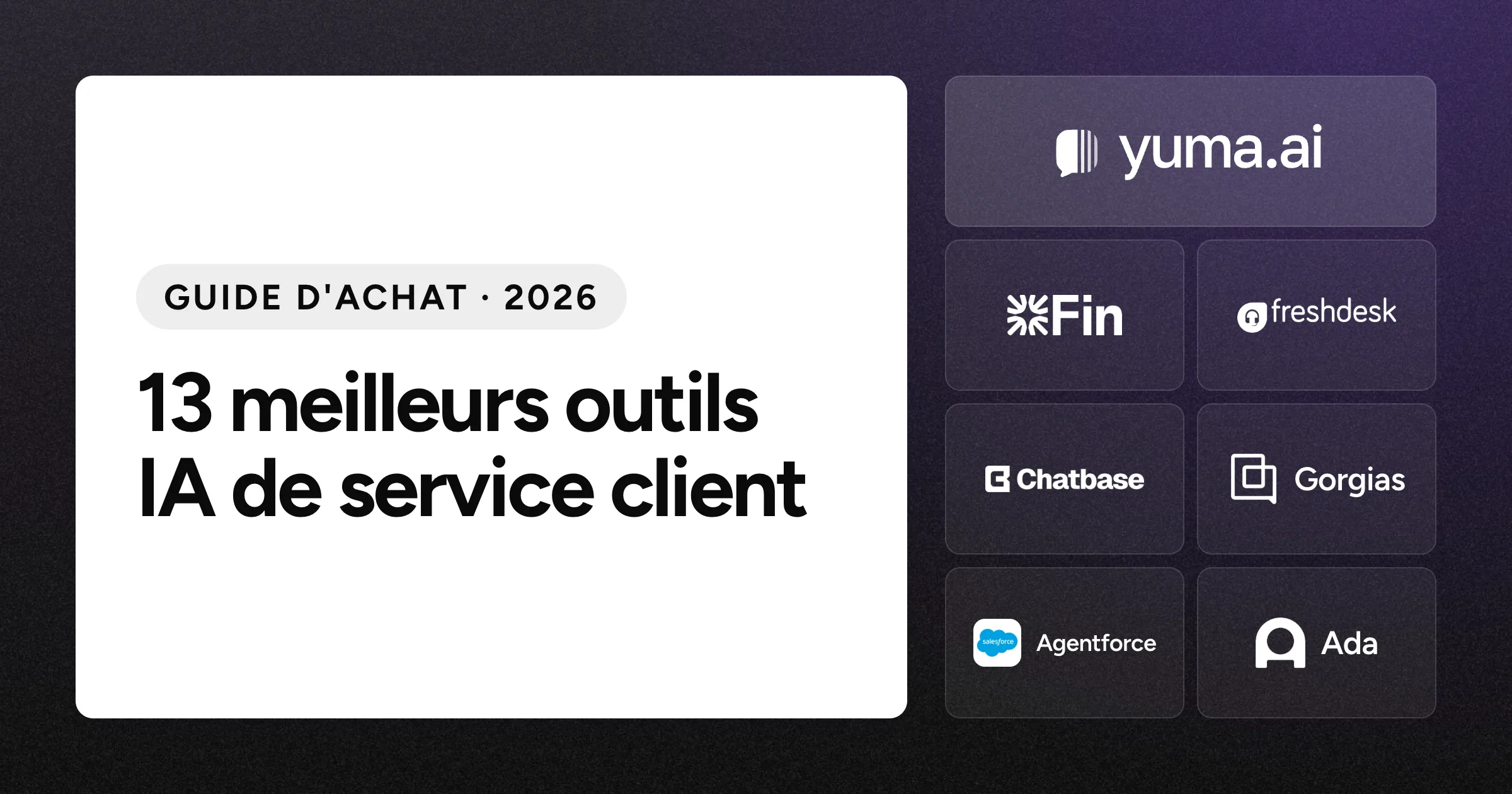 La tuile du logo Yuma à côté des tuiles des logos Intercom, Freshdesk, Chatbase, Gorgias, Salesforce Agentforce et Ada sur un fond noir granuleux.