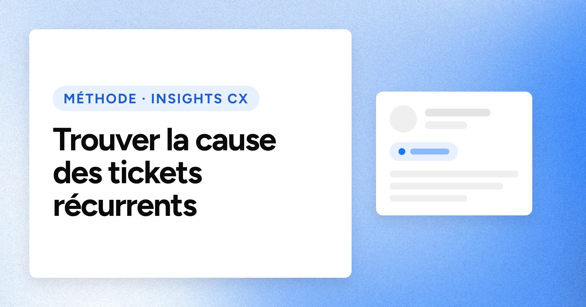 Une puce « MÉTHODE · INSIGHTS CX » et le titre en grands caractères blancs sur un fond bleu granuleux, avec un motif de ticket de support à droite.