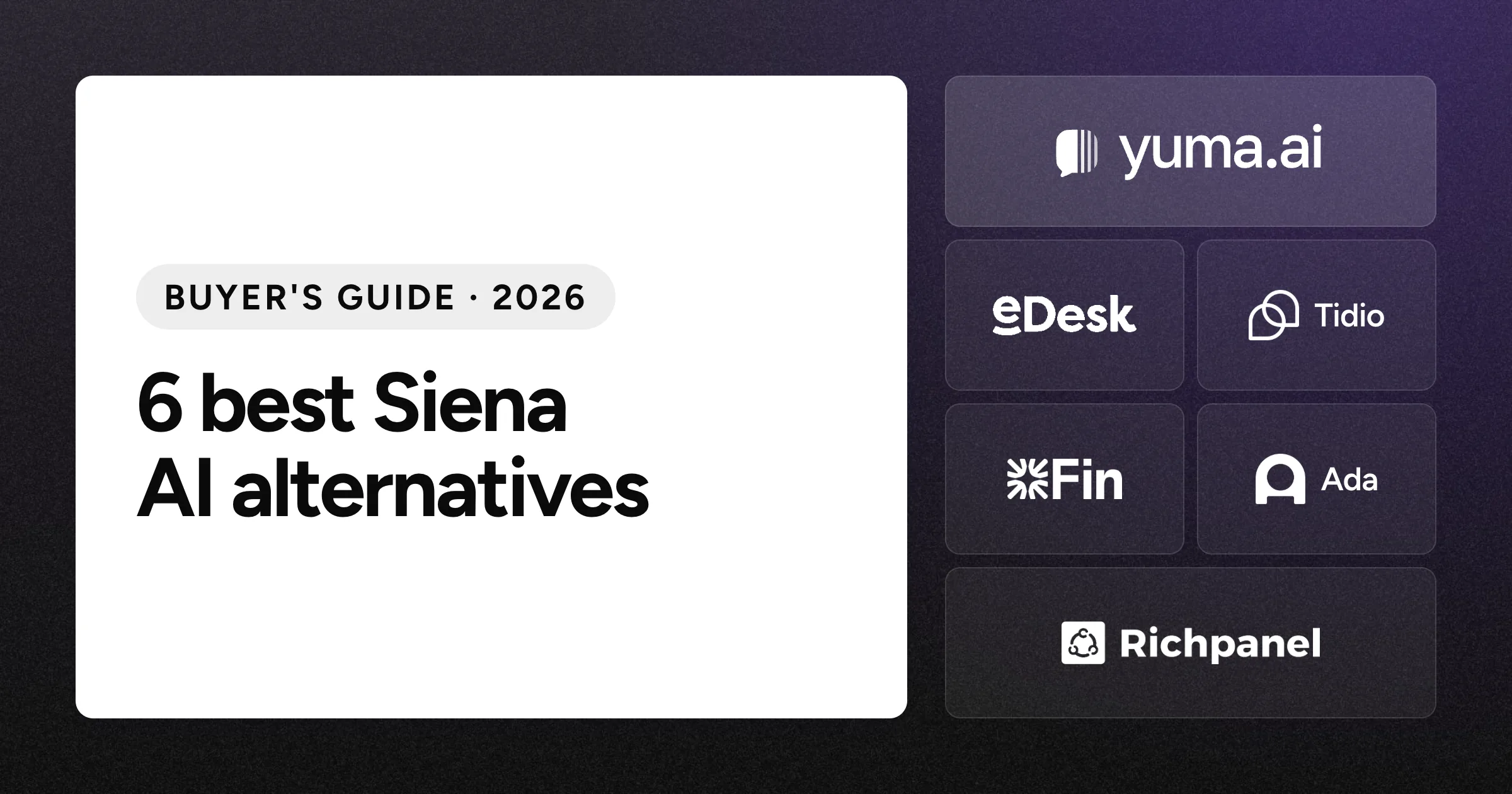 Yuma logo tile beside eDesk, Tidio, Fin, Ada and Richpanel logo tiles on a black grain background.