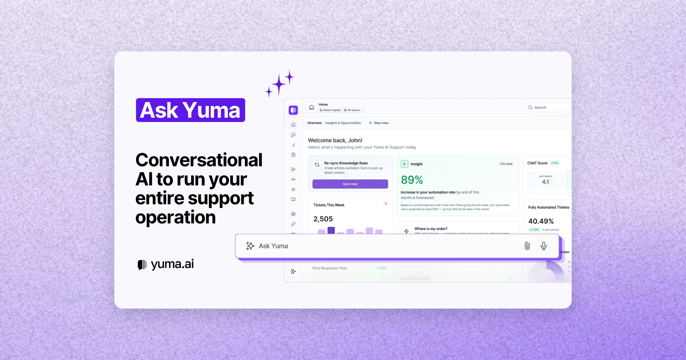 The Ask Yuma assistant bar over a Yuma dashboard showing automation rate, insights and CSAT.