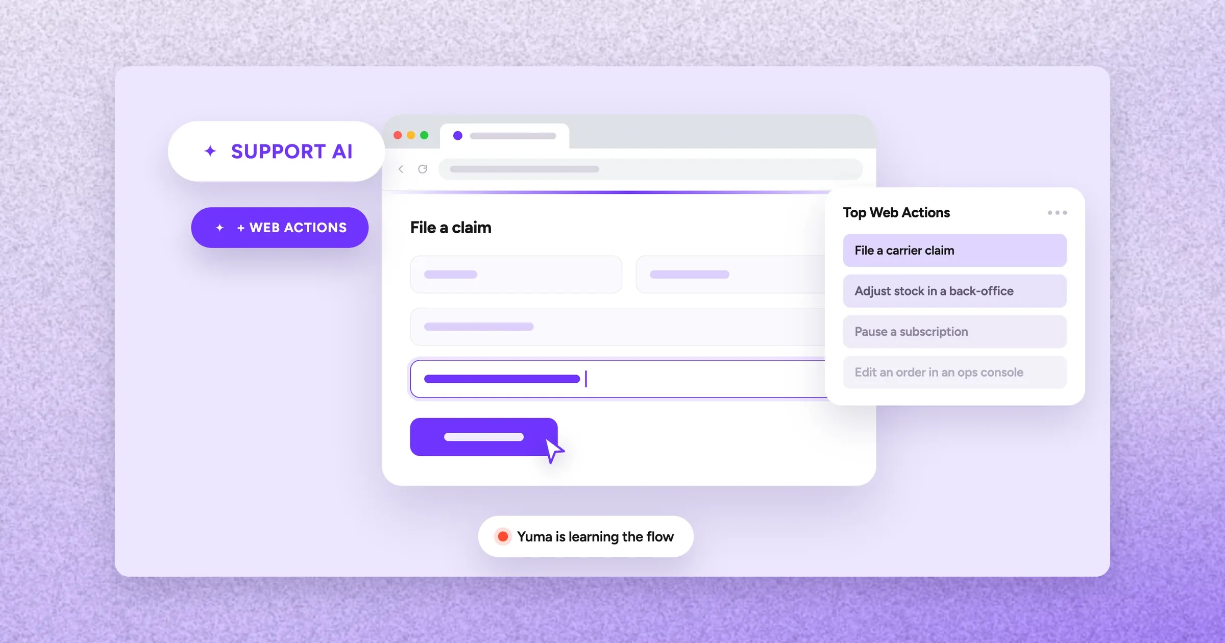 Browser window where Yuma fills in a carrier claim form, next to a list of top web actions, on a lavender background.
