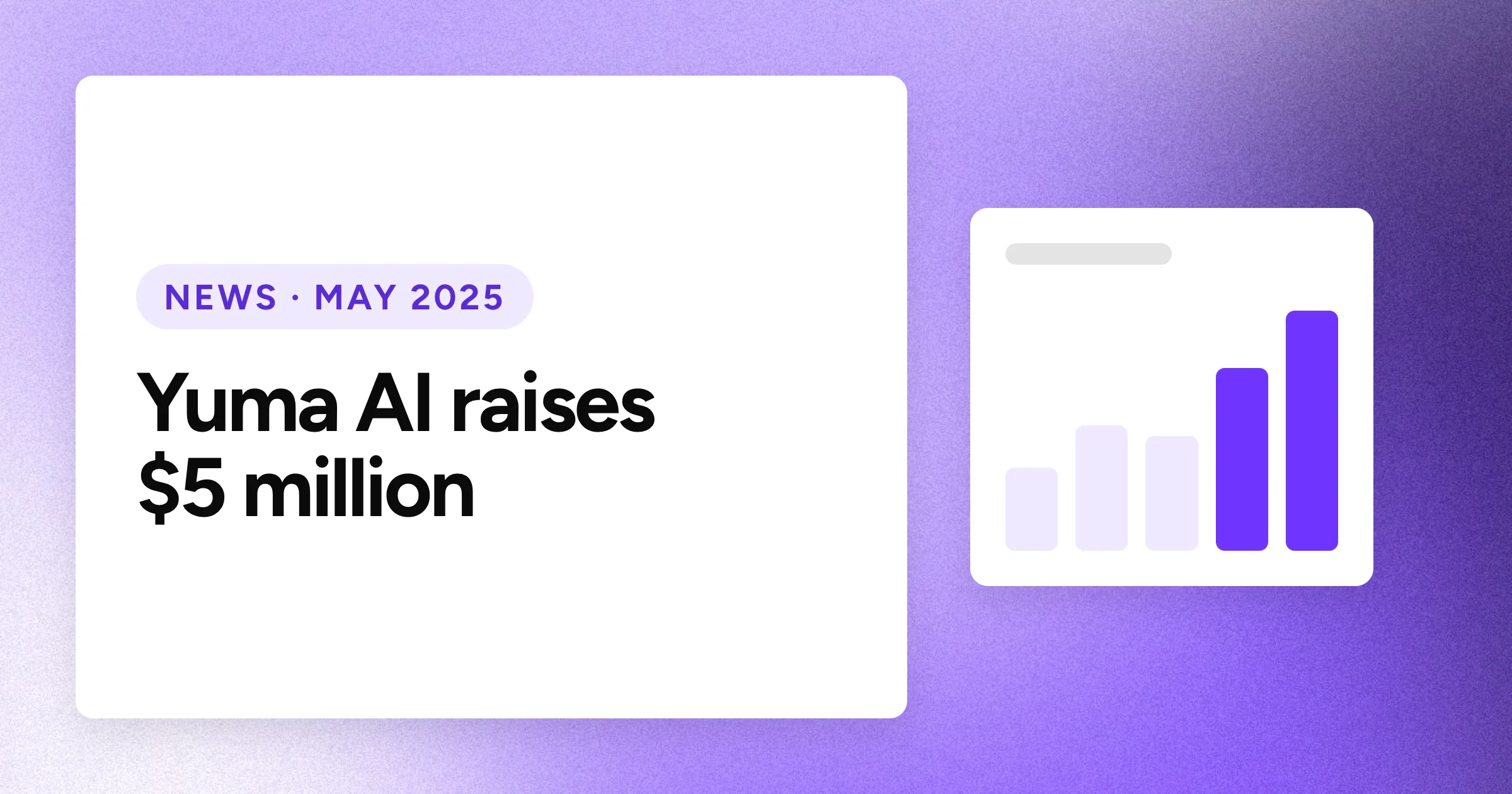 A "NEWS · MAY 2025" chip and the headline in large white type on a purple grain background, with a rising bar chart motif on the right.