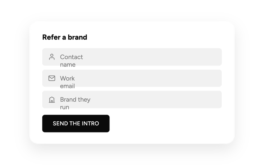 Referral form asking for the contact's name, work email, and the brand they run