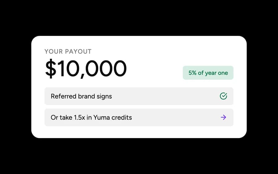 Payout summary showing $10,000 — 5% of year one — or 1.5x taken in Yuma credits