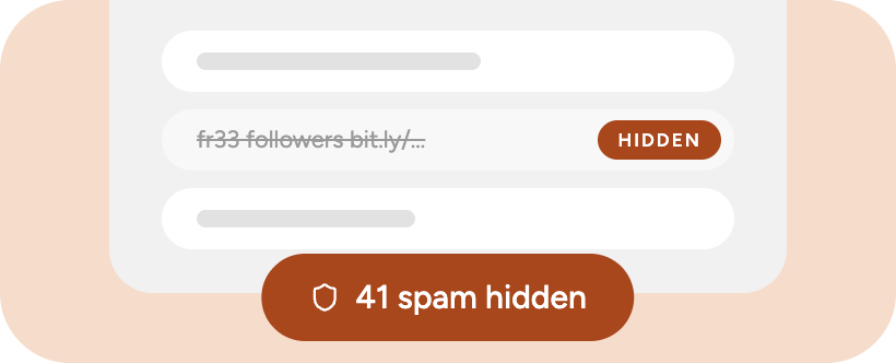 A spam comment with a phishing link marked as hidden, with 41 spam comments hidden