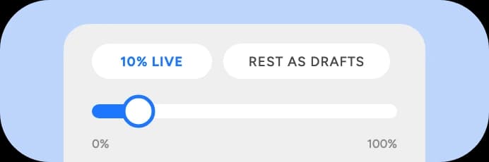 Rollout · 10% live, rest as drafts