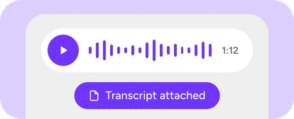 Call recording player at 1:12 with Transcript attached