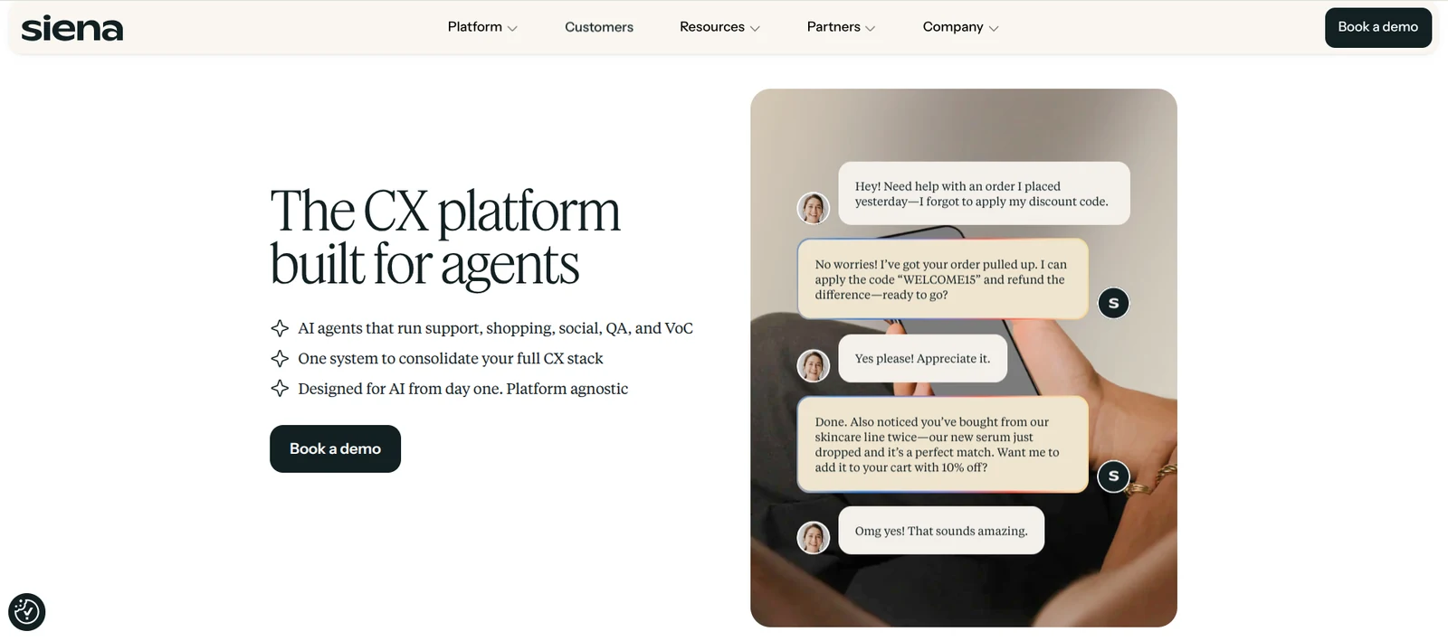 Siena AI customer service agent chat interface for ecommerce support