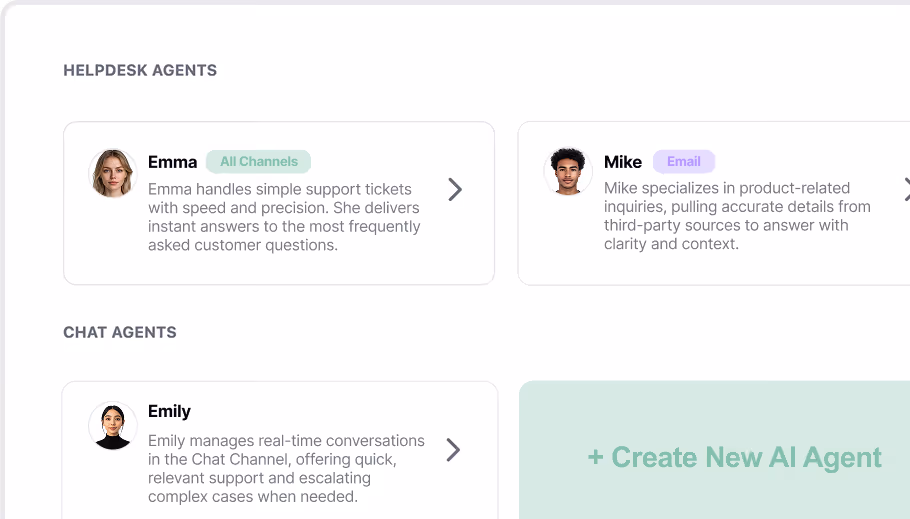 Yuma AI dashboard showing helpdesk agents and chat agents for ecommerce support automation