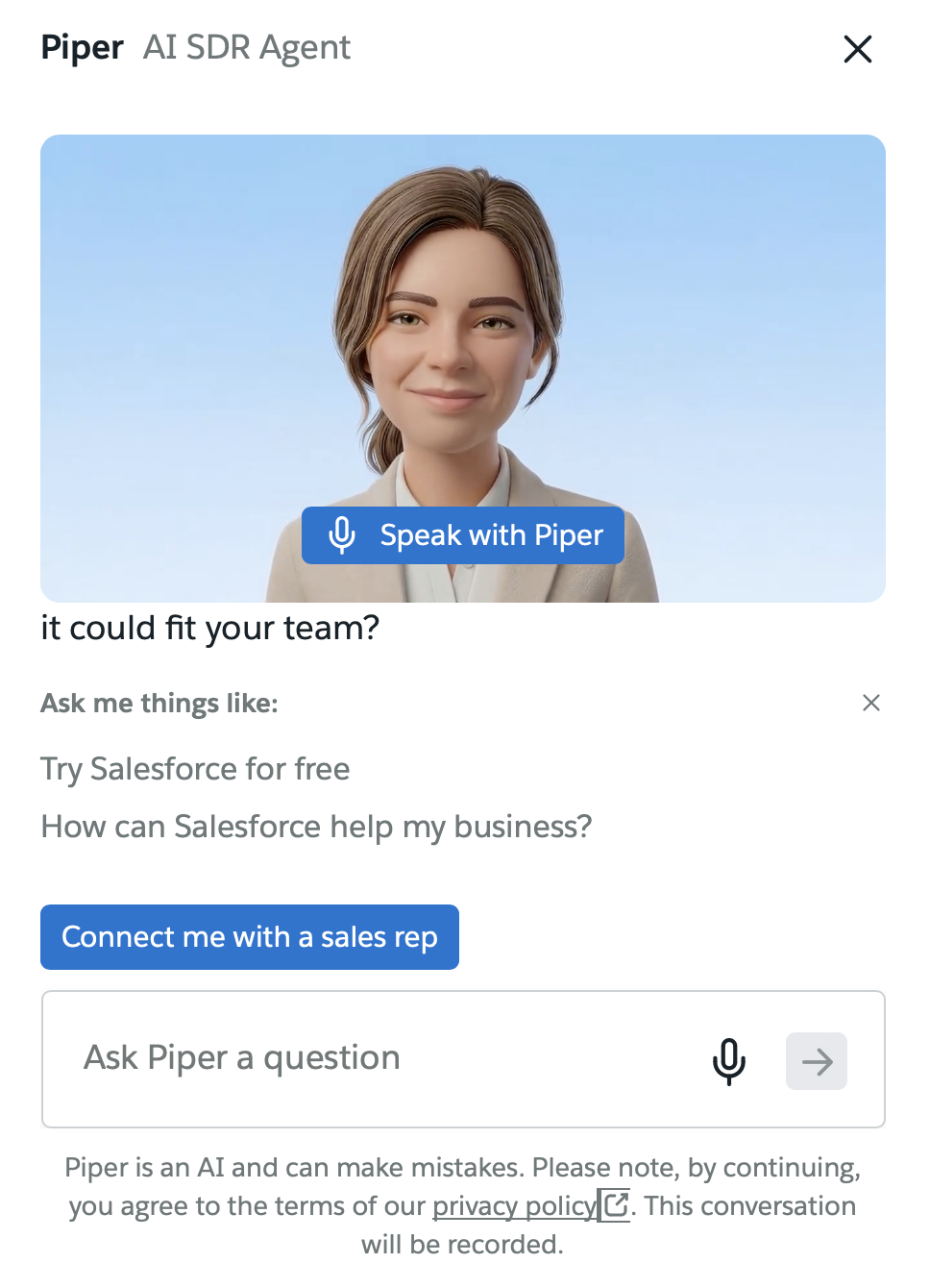 Salesforce Agentforce's Piper AI agent interface.
