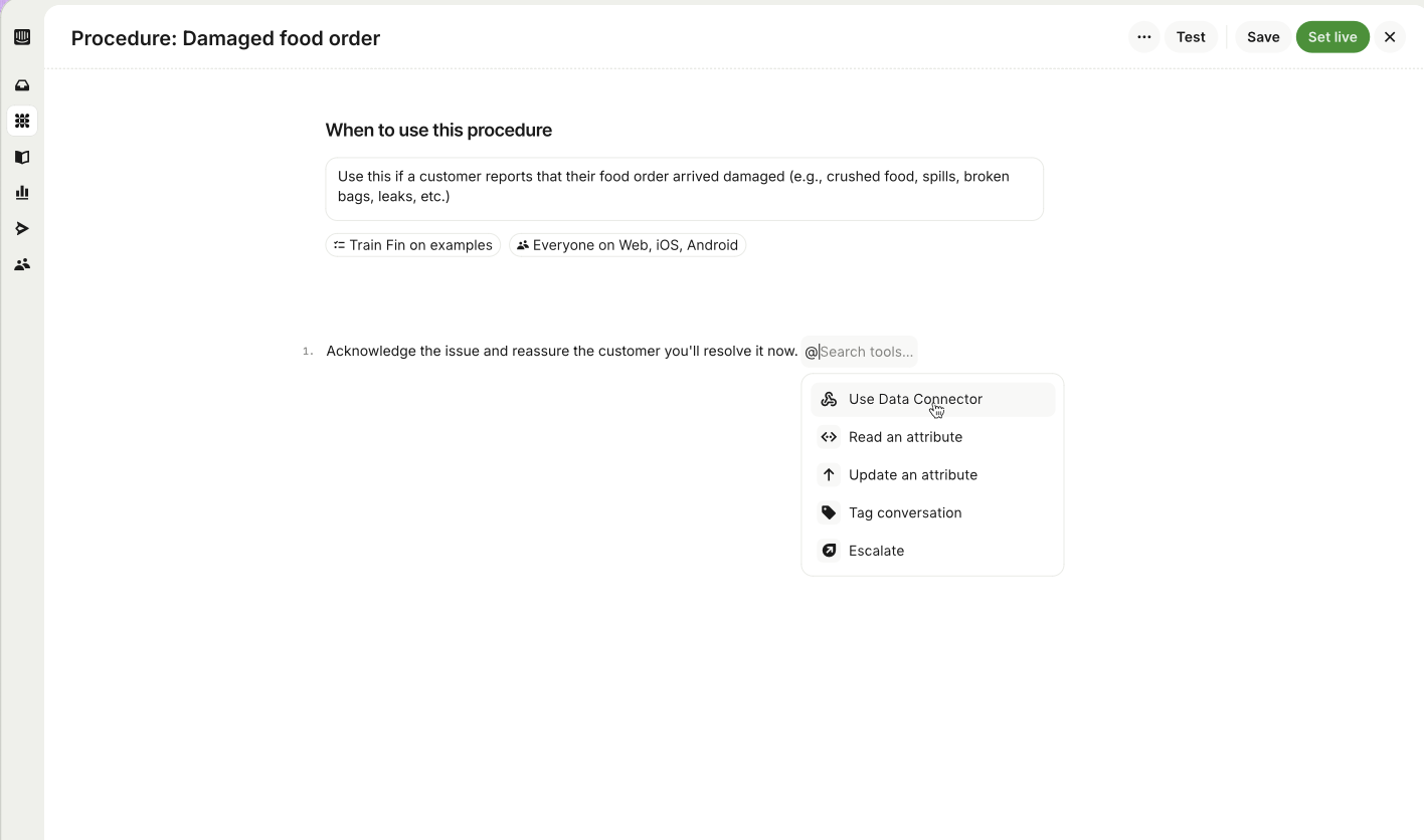 Fin's AI workflow builder interface.
