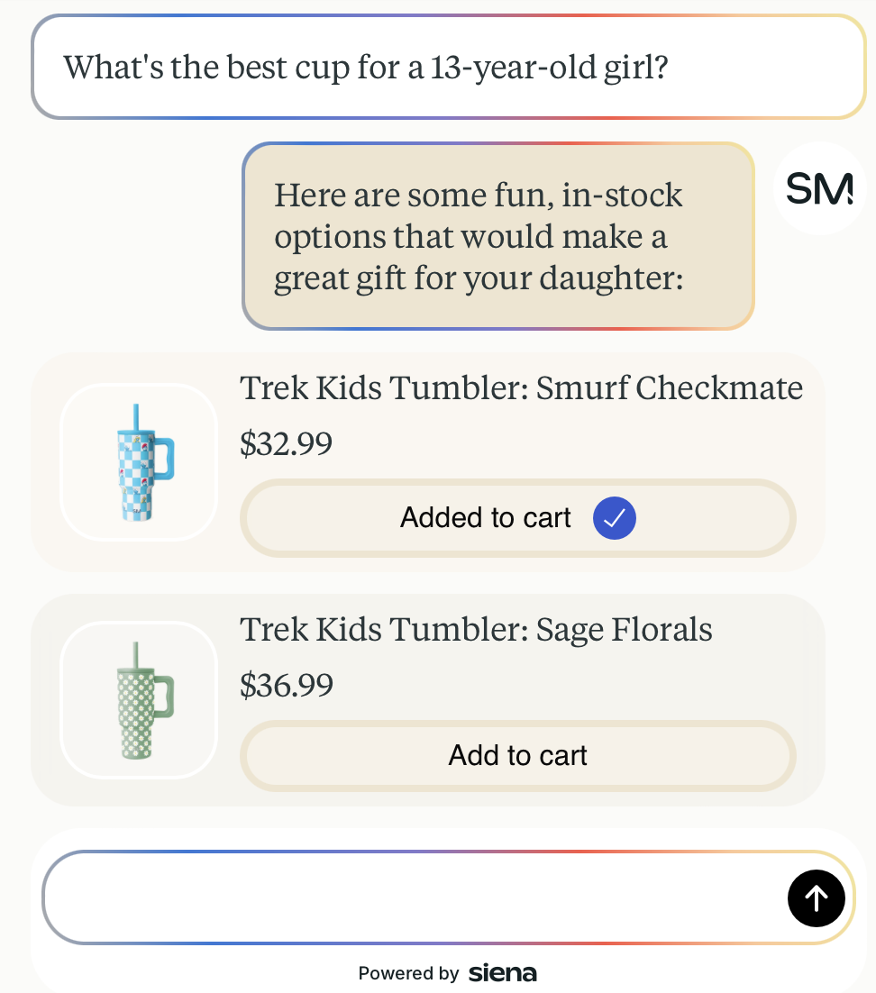 Siena's customer-facing ecommerce chat interface.