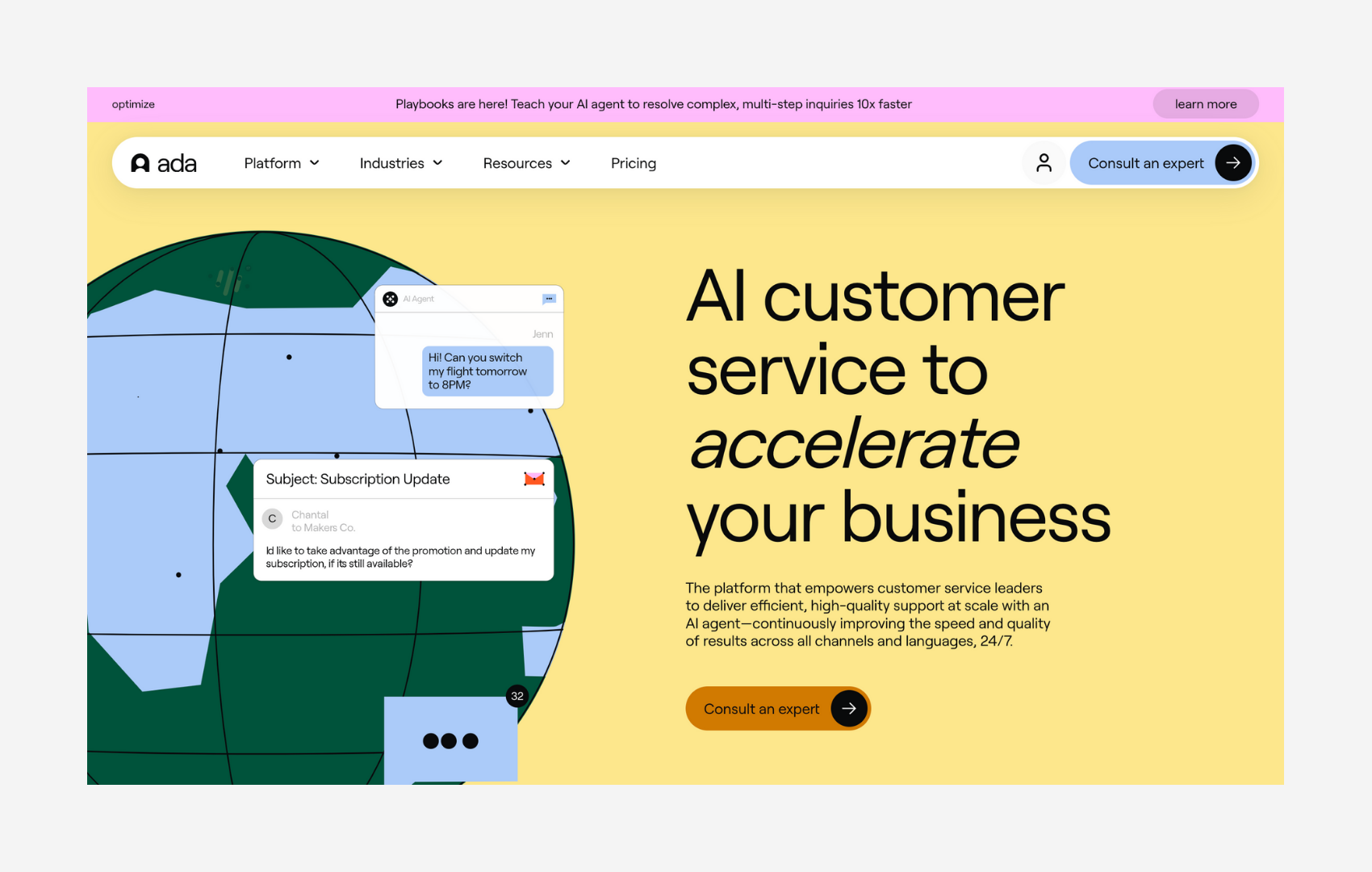 Ada AI homepage promoting automated customer service that accelerates business with multi-channel support