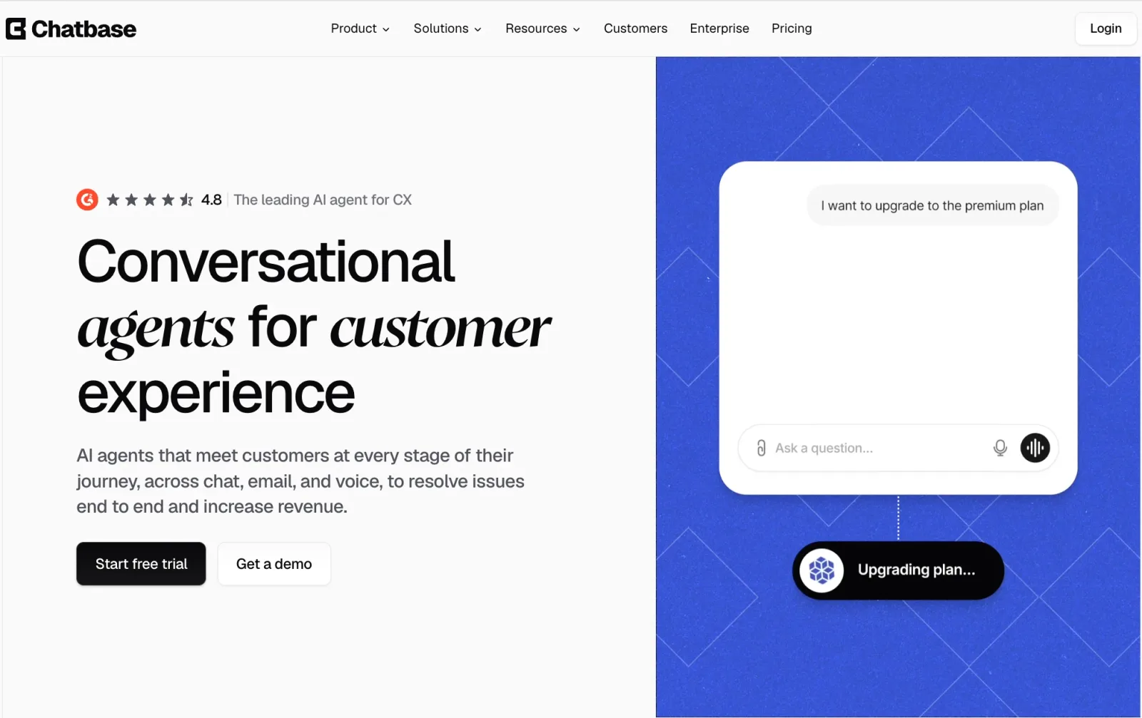 Chatbase homepage presenting conversational AI agents for customer experience across chat, email, and voice, with a chat widget handling a plan upgrade request