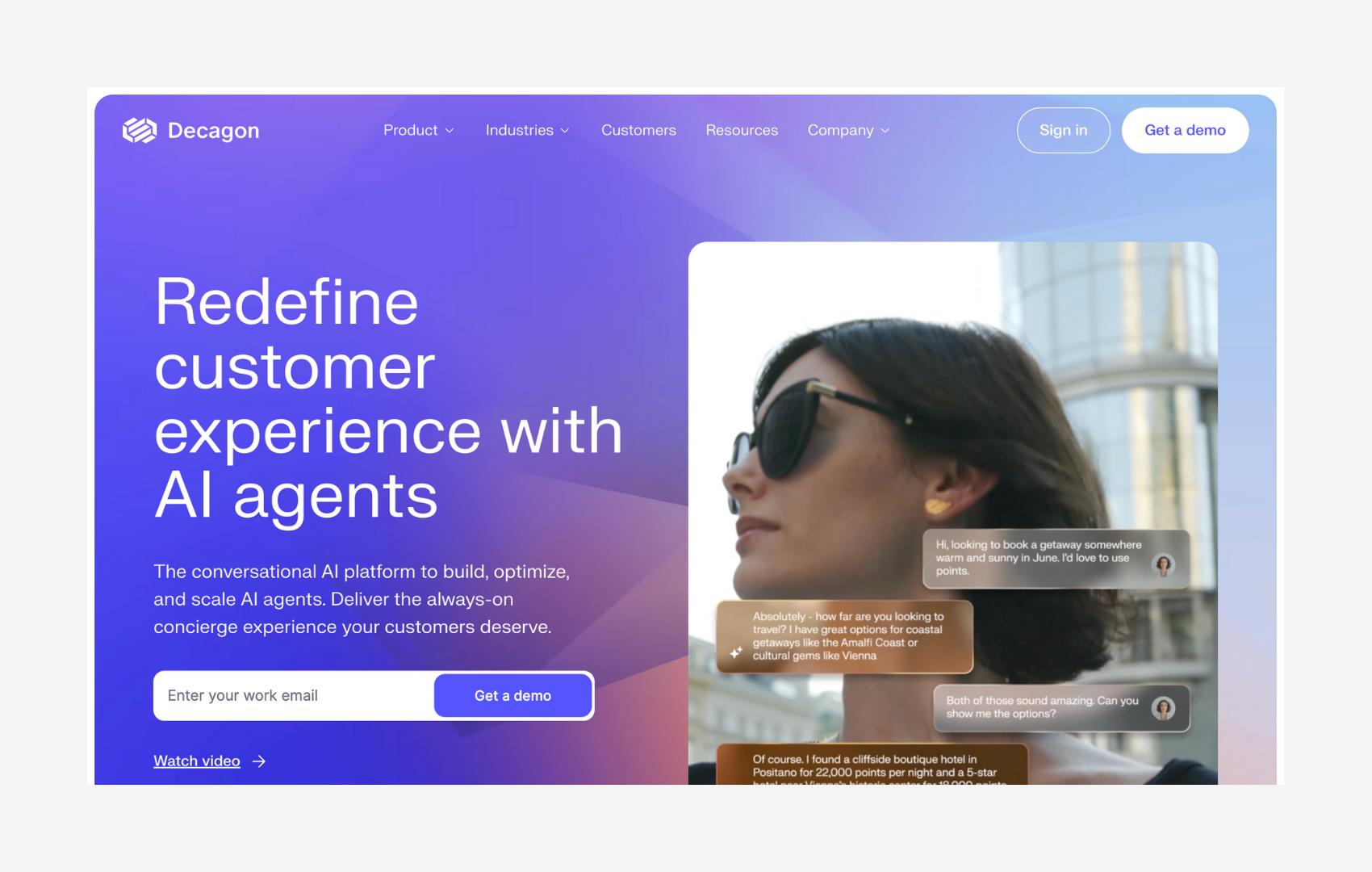 Decagon homepage featuring AI agents for customer experience with a conversational concierge demo