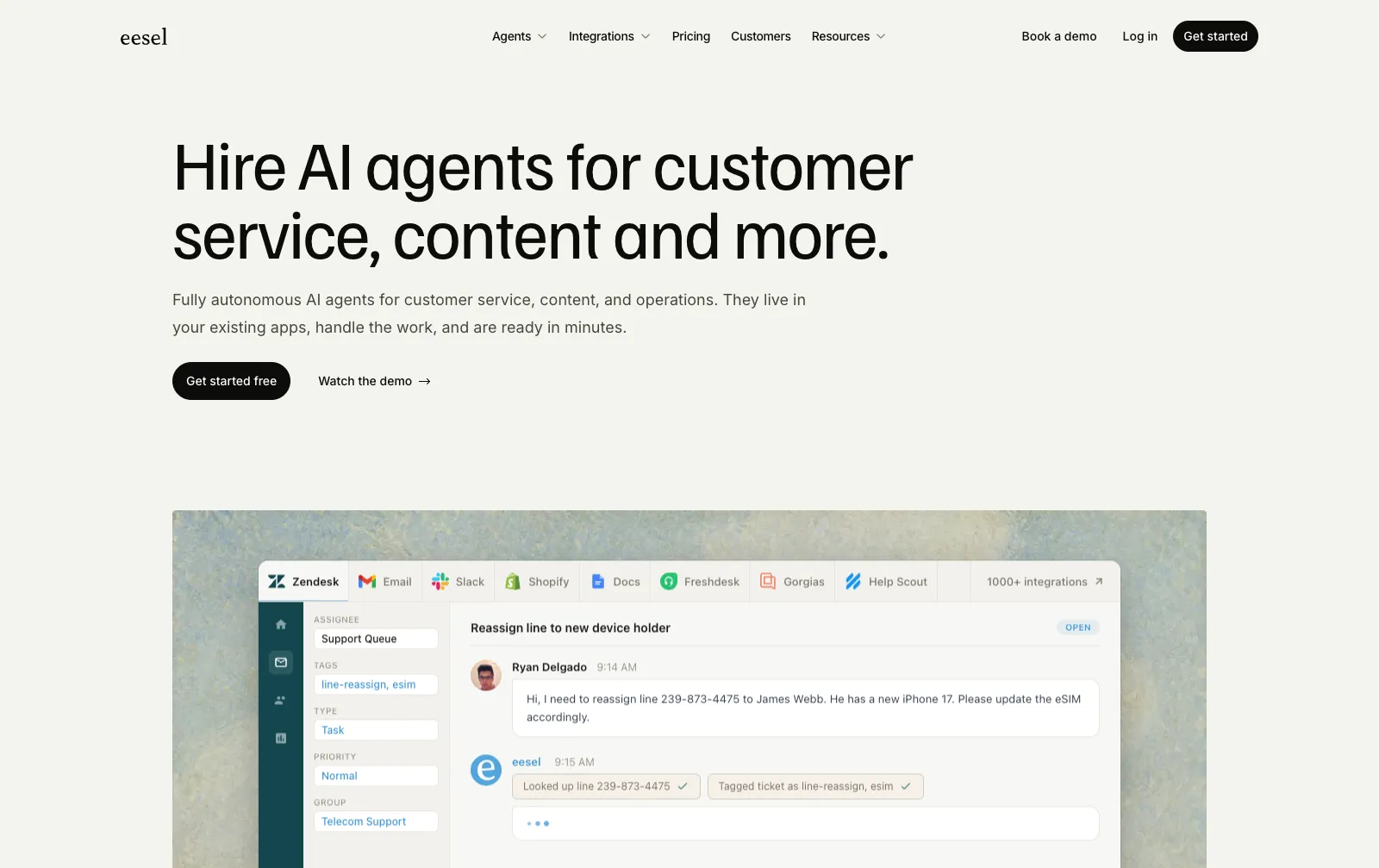 eesel AI homepage presenting AI agents for customer service that live in existing apps, with a Zendesk ticket demo