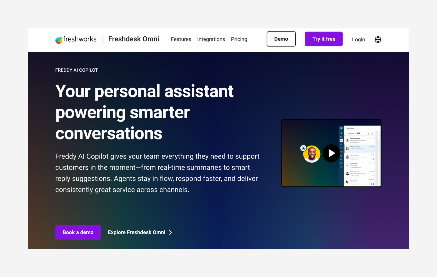 Freshworks Freddy AI Copilot page promoting smarter agent conversations with real-time summaries and smart replies