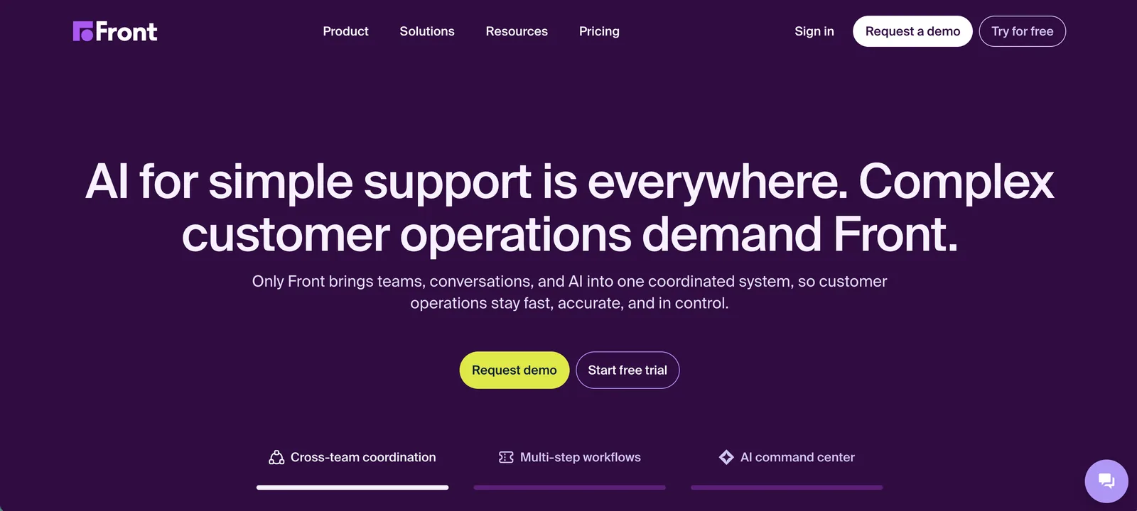 Front homepage positioning the platform for complex customer operations, highlighting cross-team coordination, multi-step workflows, and an AI command center