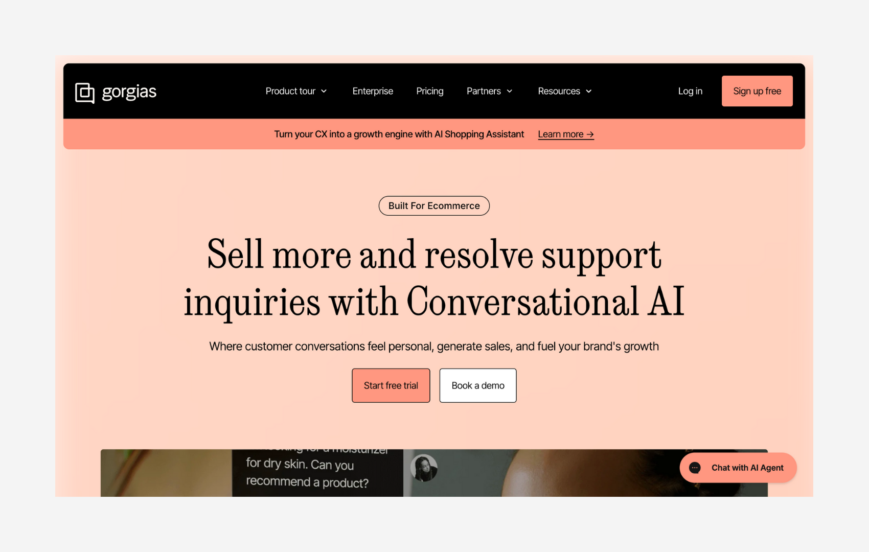 Gorgias homepage highlighting conversational AI for ecommerce support and sales with a live chat demo
