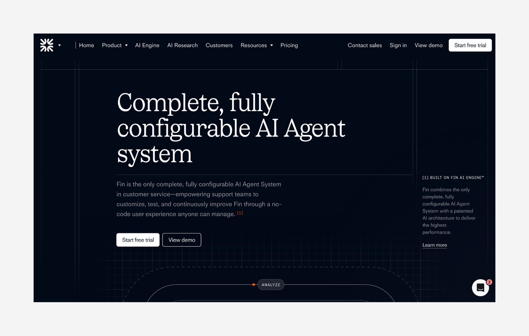 Intercom Fin AI Agent homepage showing a configurable no-code AI agent system for customer service
