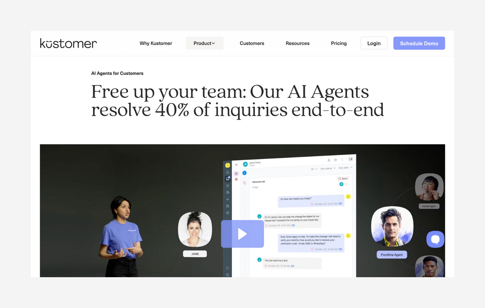 Kustomer homepage showing AI agents resolving customer inquiries end-to-end with a platform demo