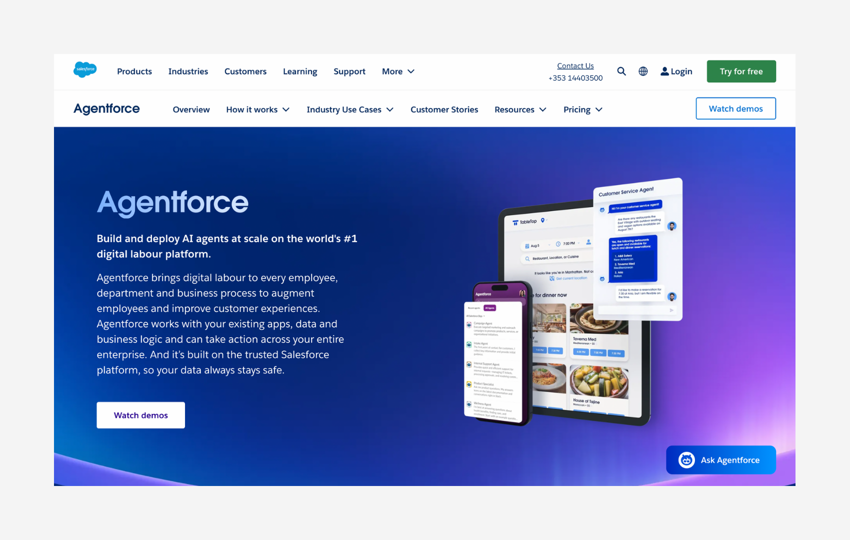 Salesforce Agentforce page showing enterprise AI agents deployed across mobile and web for customer experiences