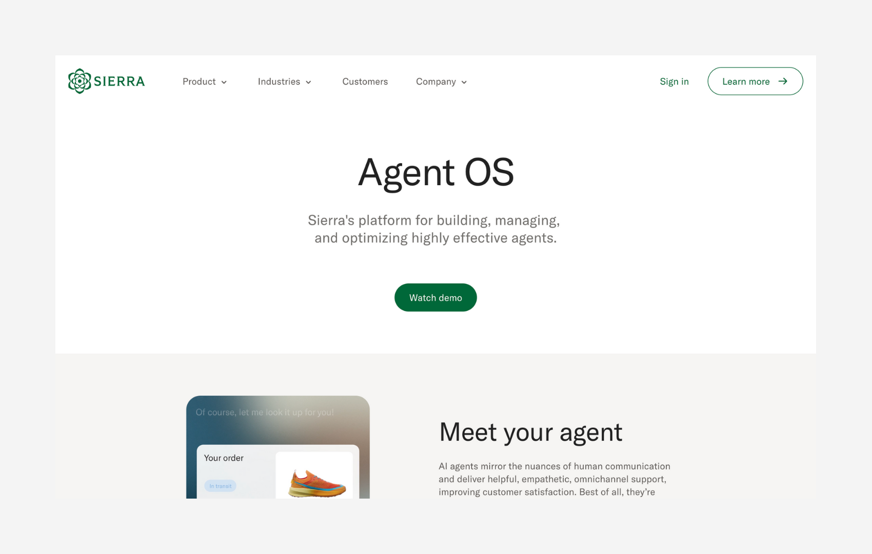 Sierra Agent OS homepage showing a platform for building and managing empathetic omnichannel AI agents