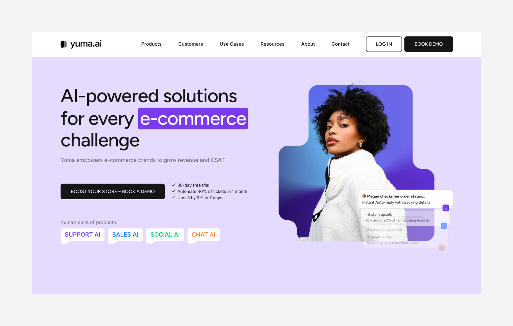 Yuma AI homepage showing AI-powered ecommerce support with product suite including Support AI, Sales AI, Social AI, and Chat AI