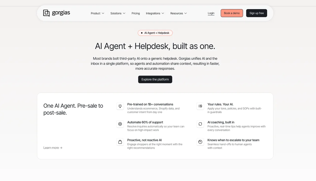 Gorgias homepage: AI Agent plus Helpdesk, built as one