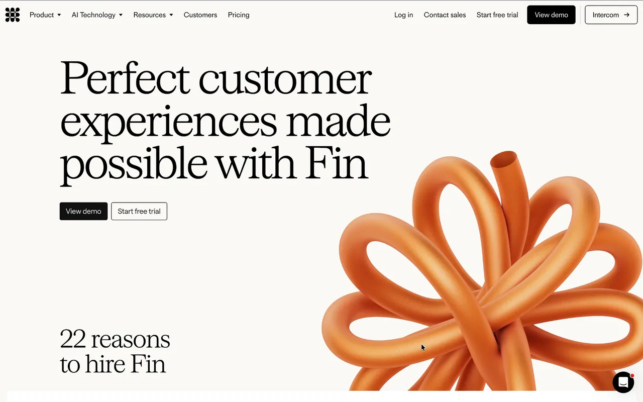 Intercom Fin homepage: perfect customer experiences made possible with Fin