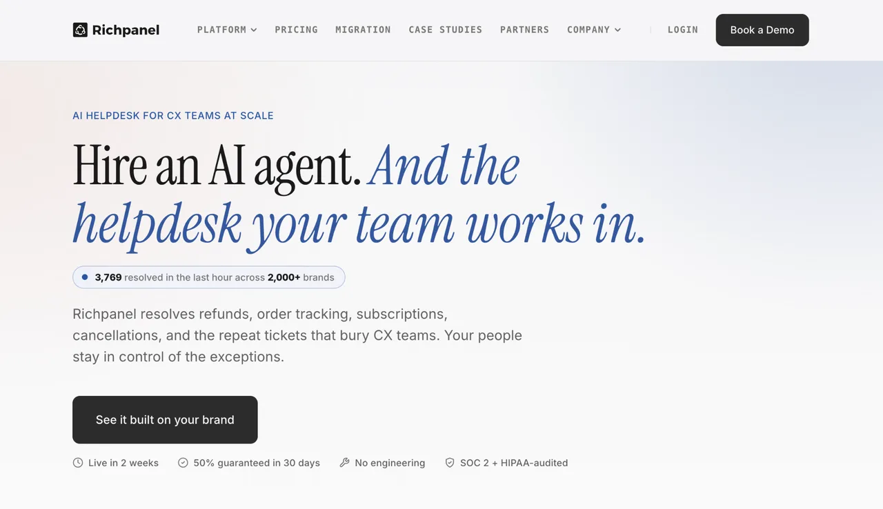 Richpanel homepage: hire an AI agent, and the helpdesk your team works in