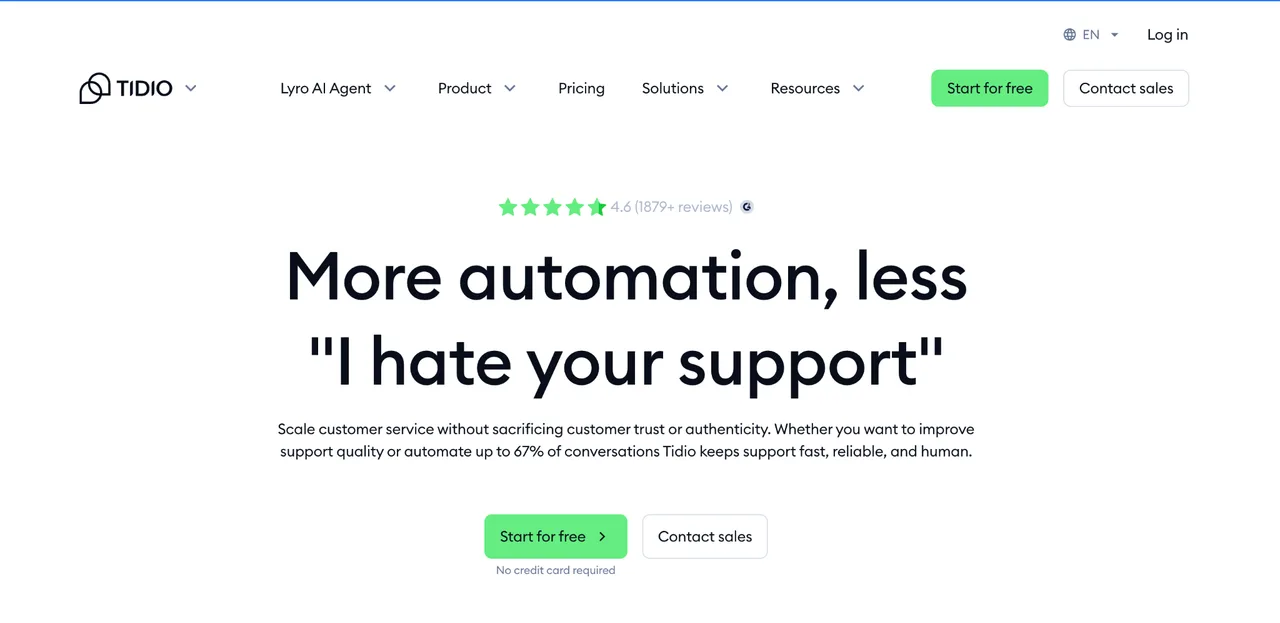 Tidio homepage: more automation, less "I hate your support"