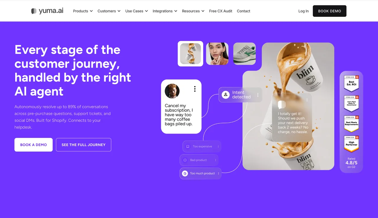 Yuma AI homepage: every stage of the customer journey, handled by the right AI agent